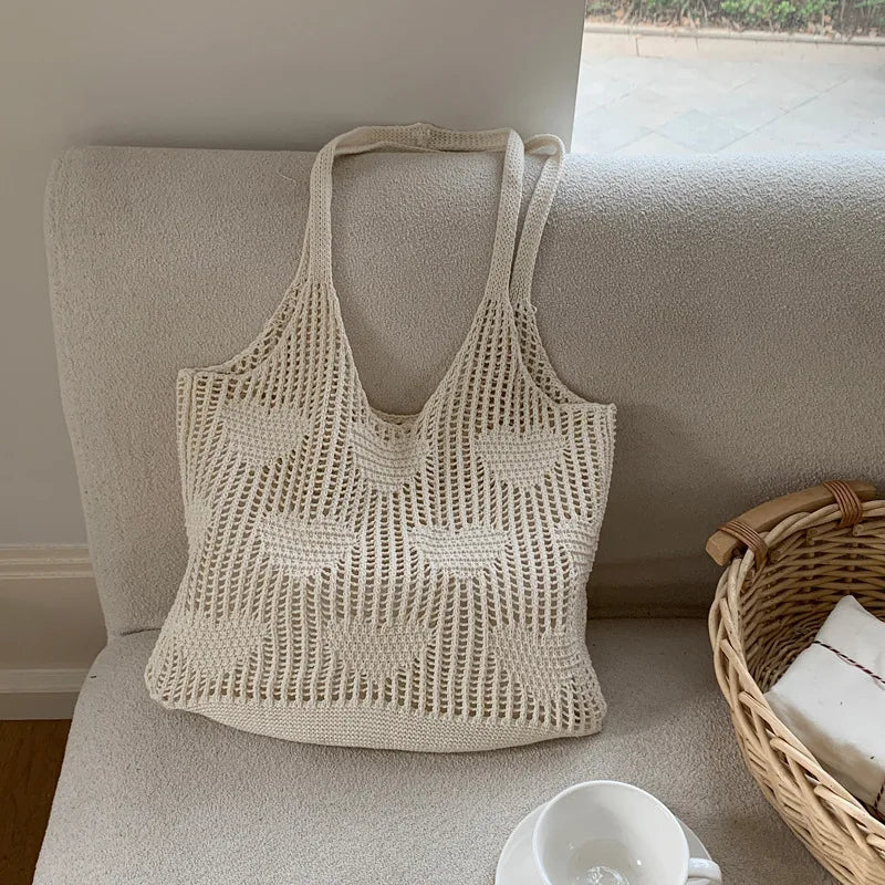 Retro Knitted Mesh Hollow Heart Weaving Ladies Versatile Single Shoulder Bag Woolen Handbag Shopping Bag Polyester Tote Bag