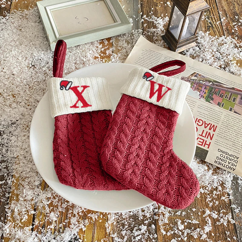 Christmas Stockings Knitting English Letters Christmas Socks Shaped Gifts Ornament New Year Santa Claus Gift Atmosphere Decor