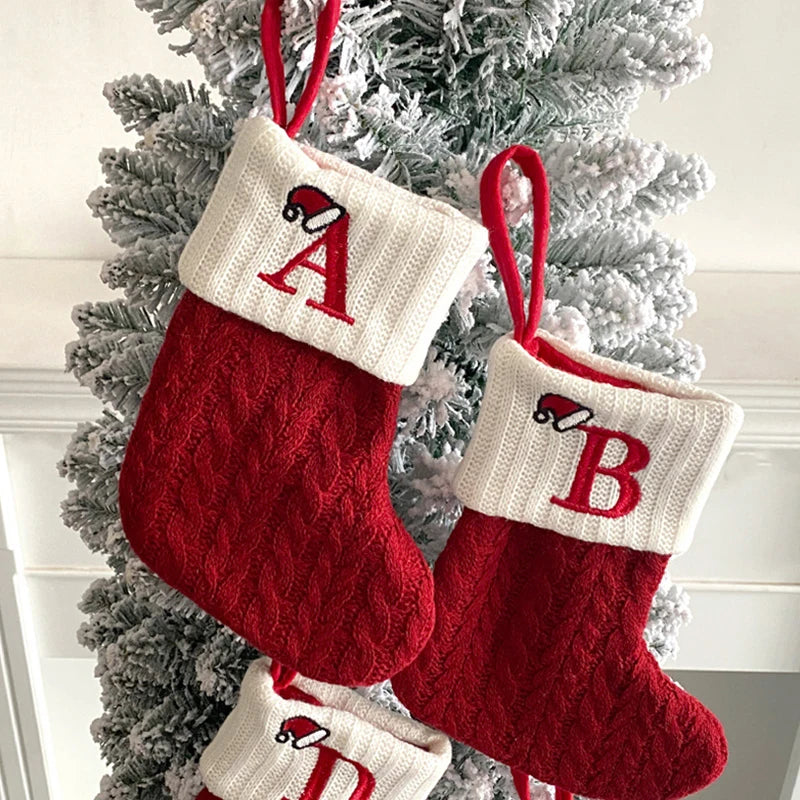Christmas Stockings Knitting English Letters Christmas Socks Shaped Gifts Ornament New Year Santa Claus Gift Atmosphere Decor