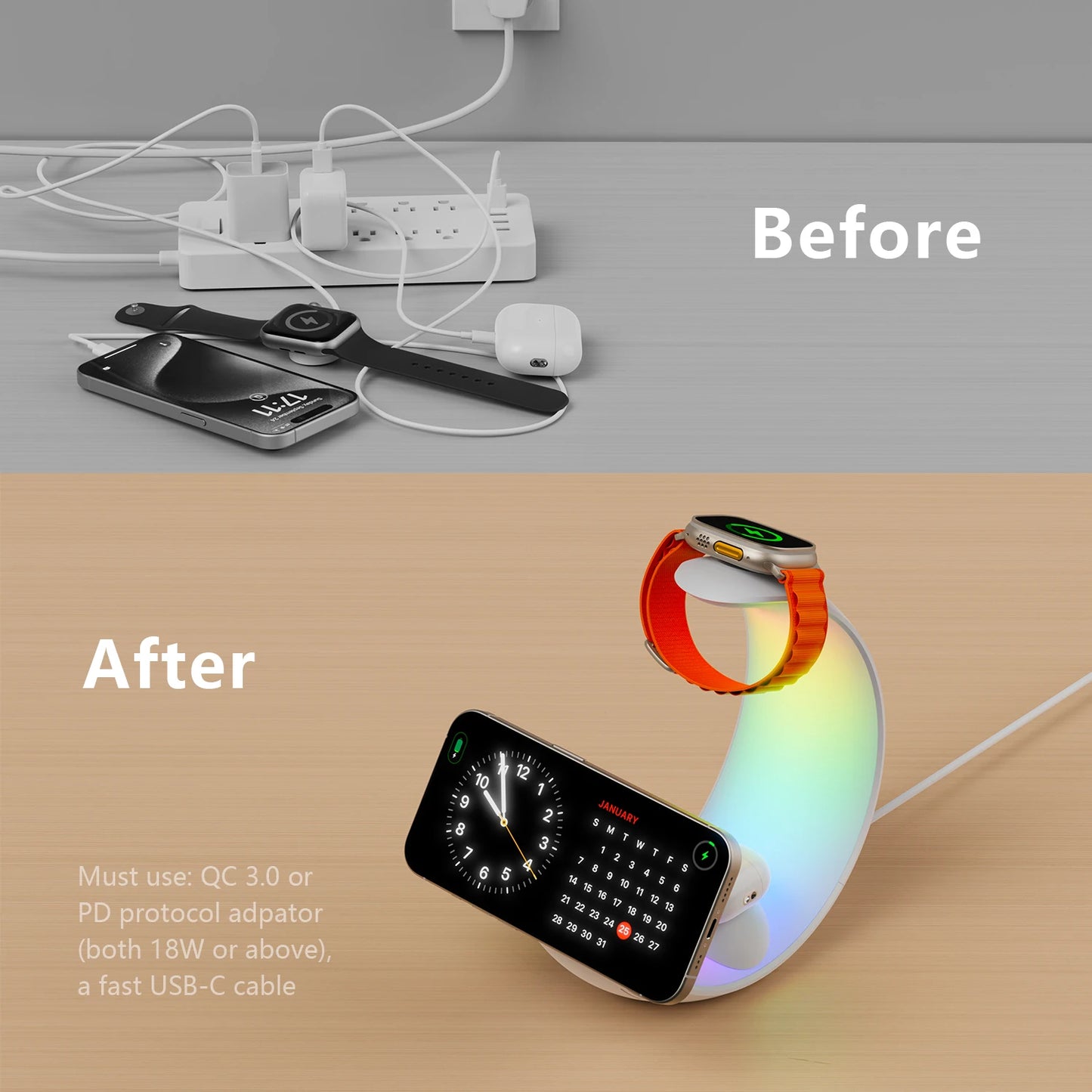MagSafe Wireless Charger Air Pods Apple Watch Moon Phone Holder Night Light RGB Bedroom Office Home For iPhone Samsung iWatch