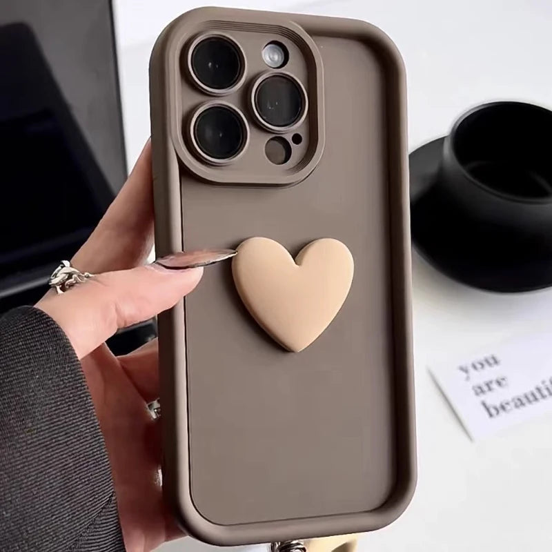 Cute INS Phone Case For iPhone 15 11 12 13 14 Pro Max XS XR 3D Love Heart Silicone Shockproof Candy Cover Brown Soft TPU Cases