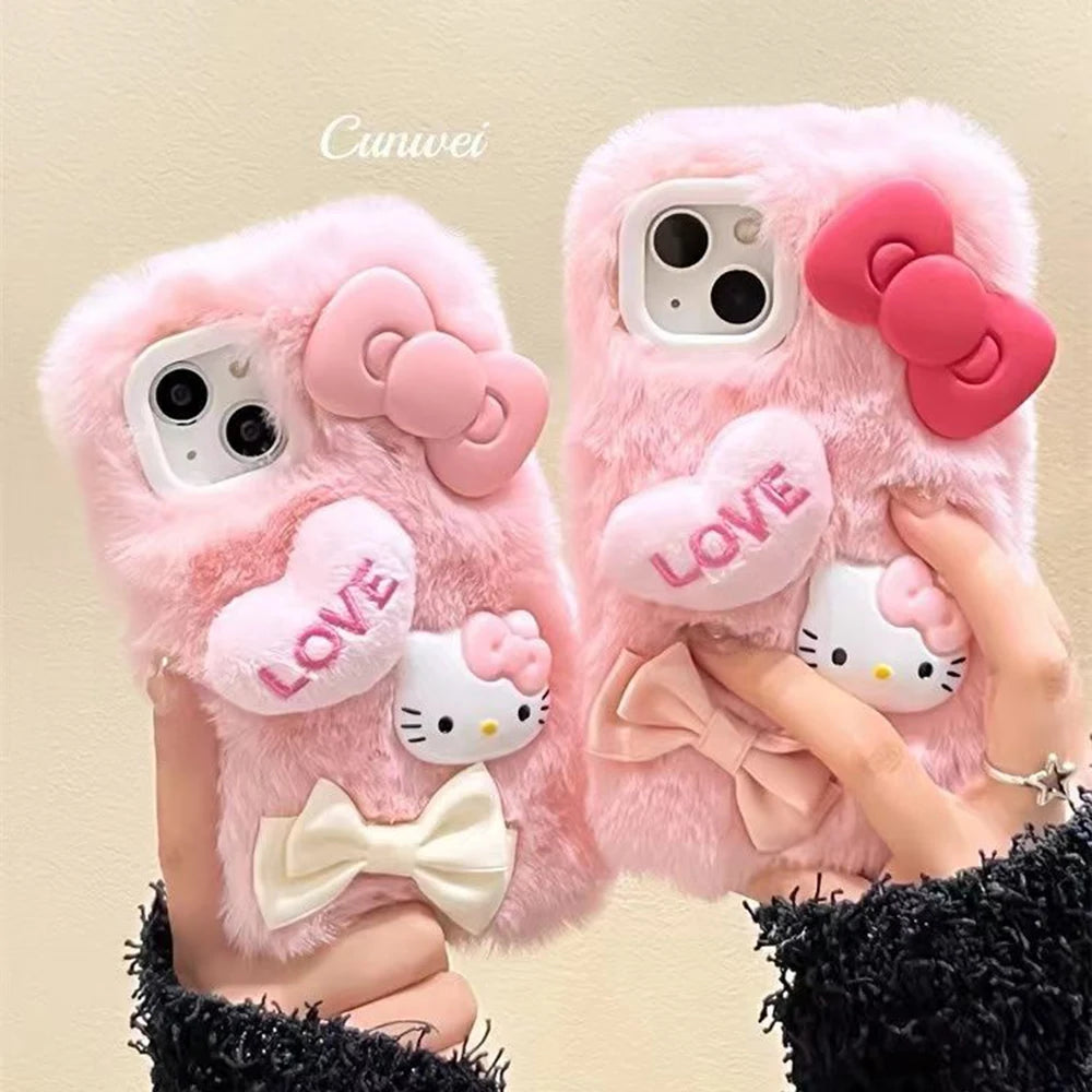 Sanrio Cute Love 3D Bow Hello Kitty Plush Phone Case For iPhone 15 14 13 12 11 Pro Max Mini XR XS MAX 8 X XS 7 SE Plus Cover
