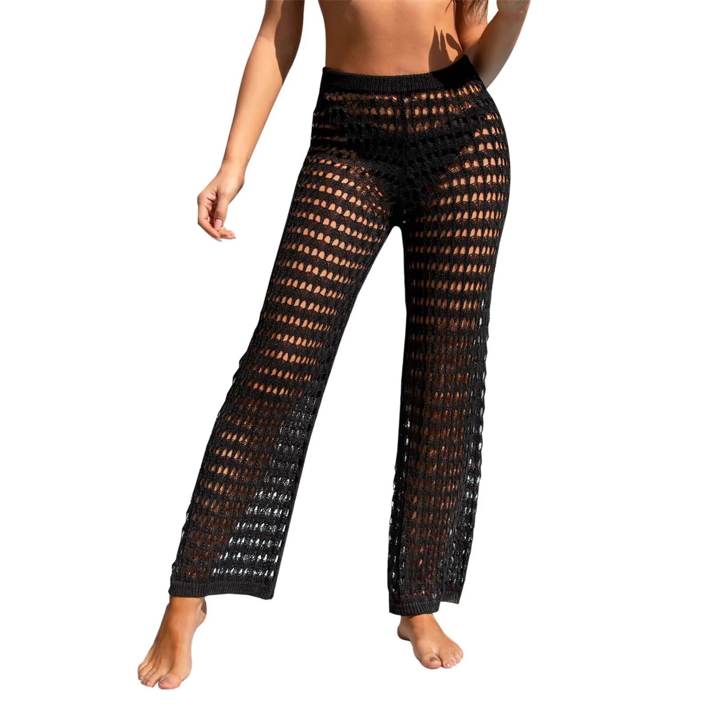 Ladies Hollowed Out Beach Pants Knitted Bikini High-Waist Casual Trousers Summer Lightweight Slacks For Woman Ropa Mujer