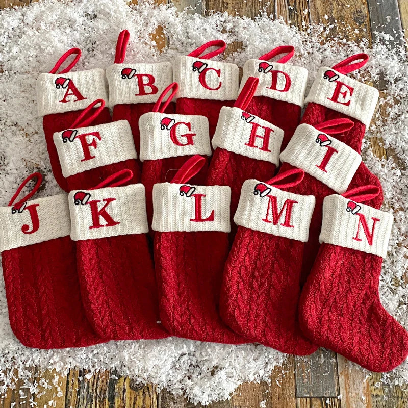 Christmas Stockings Knitting English Letters Christmas Socks Shaped Gifts Ornament New Year Santa Claus Gift Atmosphere Decor