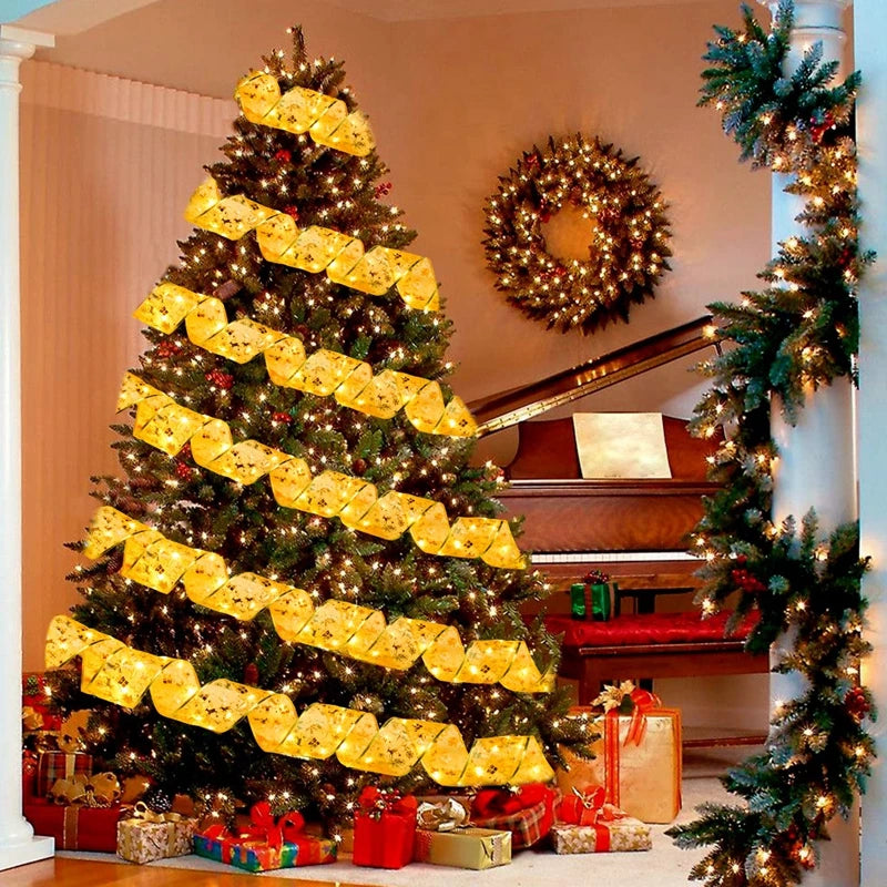 Christmas Ribbon Fairy Light String Merry Christmas Decorations For Home 2024 Xmas Tree Ornament Xmas Navidad Gift New Year 2025