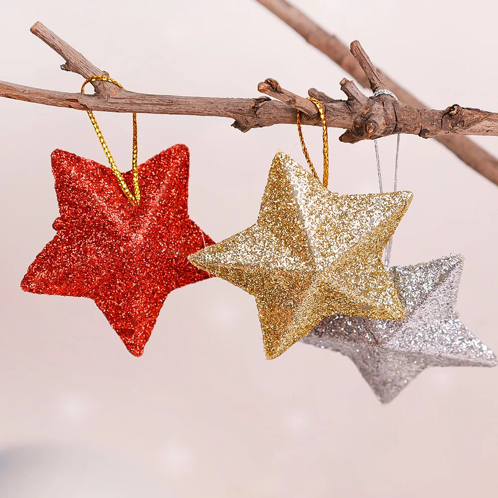 6/30PCS Christmas Glitter Star Pendant Xmas Tree Hanging Ornament Craft 5cm Plastic for Birthday Party Home Decoration Supplies