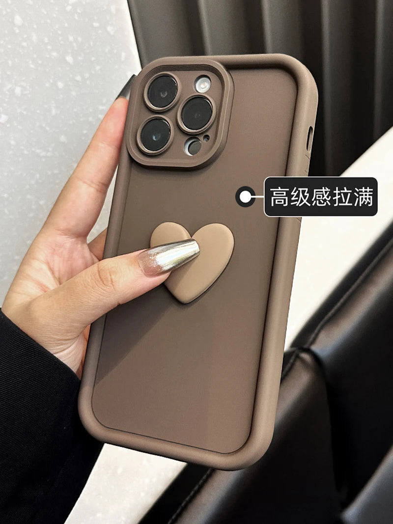 Cute INS Phone Case For iPhone 15 11 12 13 14 Pro Max XS XR 3D Love Heart Silicone Shockproof Candy Cover Brown Soft TPU Cases