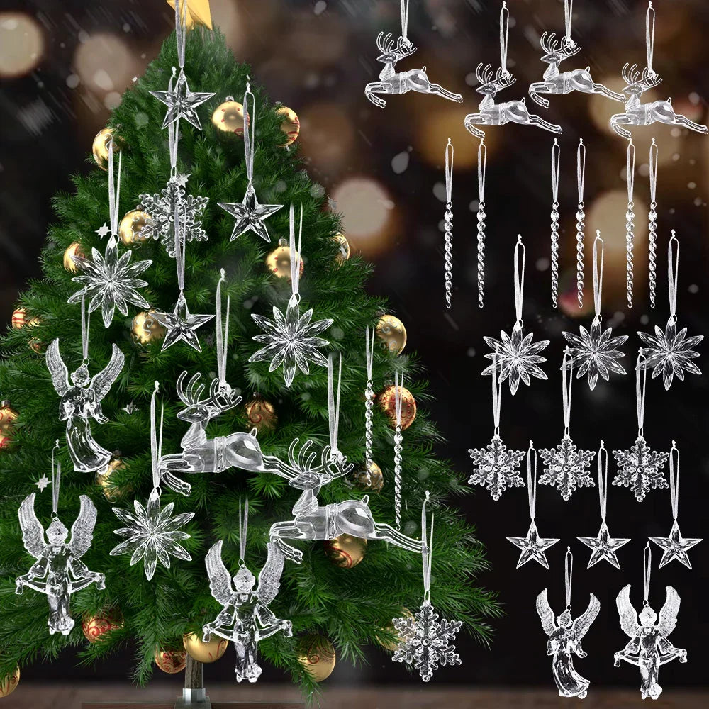 6/2pcs Crystal Clear Snowflake Christmas Tree Pendants Icicle Decorations For Holiday Winter Party Transparent Hanging Ornament