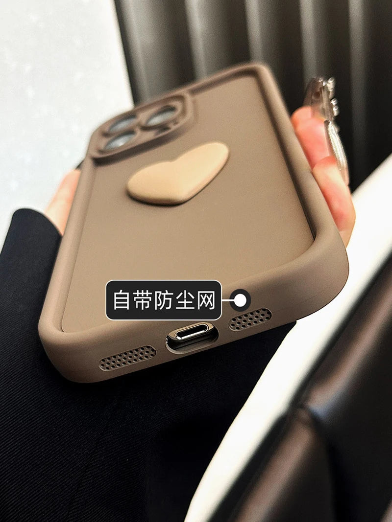 Cute INS Phone Case For iPhone 15 11 12 13 14 Pro Max XS XR 3D Love Heart Silicone Shockproof Candy Cover Brown Soft TPU Cases