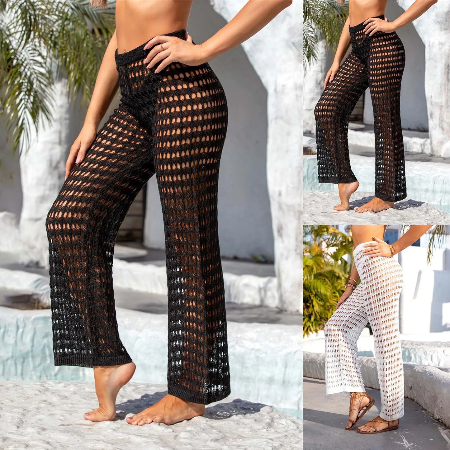 Ladies Hollowed Out Beach Pants Knitted Bikini High-Waist Casual Trousers Summer Lightweight Slacks For Woman Ropa Mujer