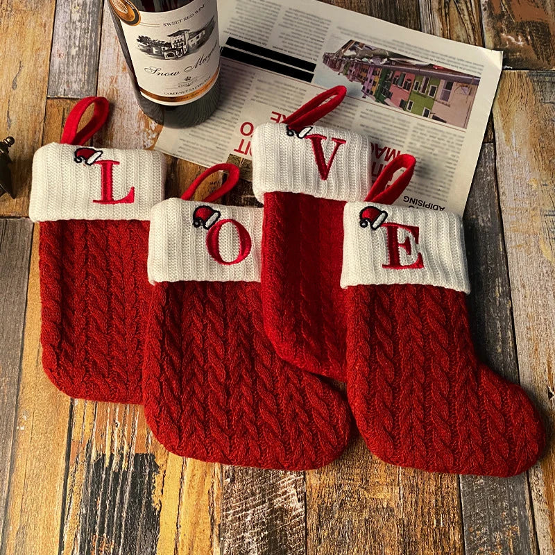 Christmas Stockings Knitting English Letters Christmas Socks Shaped Gifts Ornament New Year Santa Claus Gift Atmosphere Decor