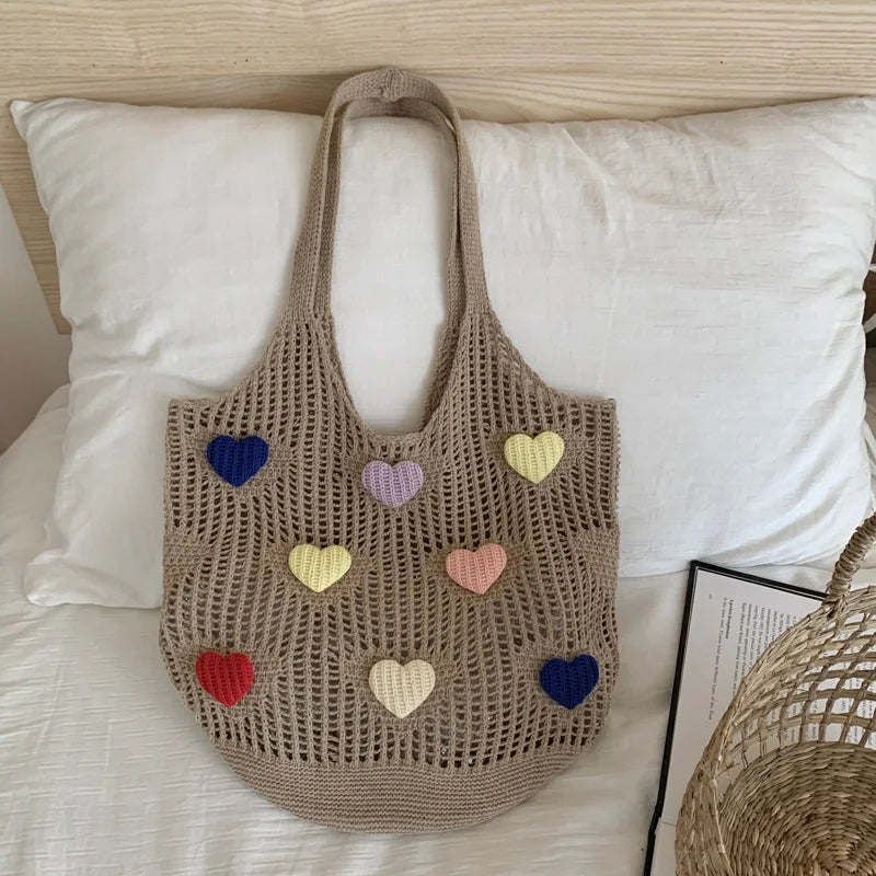 Retro Knitted Mesh Hollow Heart Weaving Ladies Versatile Single Shoulder Bag Woolen Handbag Shopping Bag Polyester Tote Bag