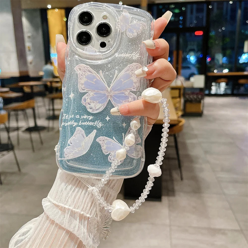 Glitter Butterfly Gradient Lanyard Case For iPhone 14 13 15 16 Pro Max 12 11 X Xr Xs 8 7 Plus Hand Wrist Chain Soft Wave Cover