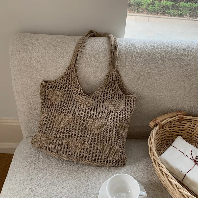 Retro Knitted Mesh Hollow Heart Weaving Ladies Versatile Single Shoulder Bag Woolen Handbag Shopping Bag Polyester Tote Bag