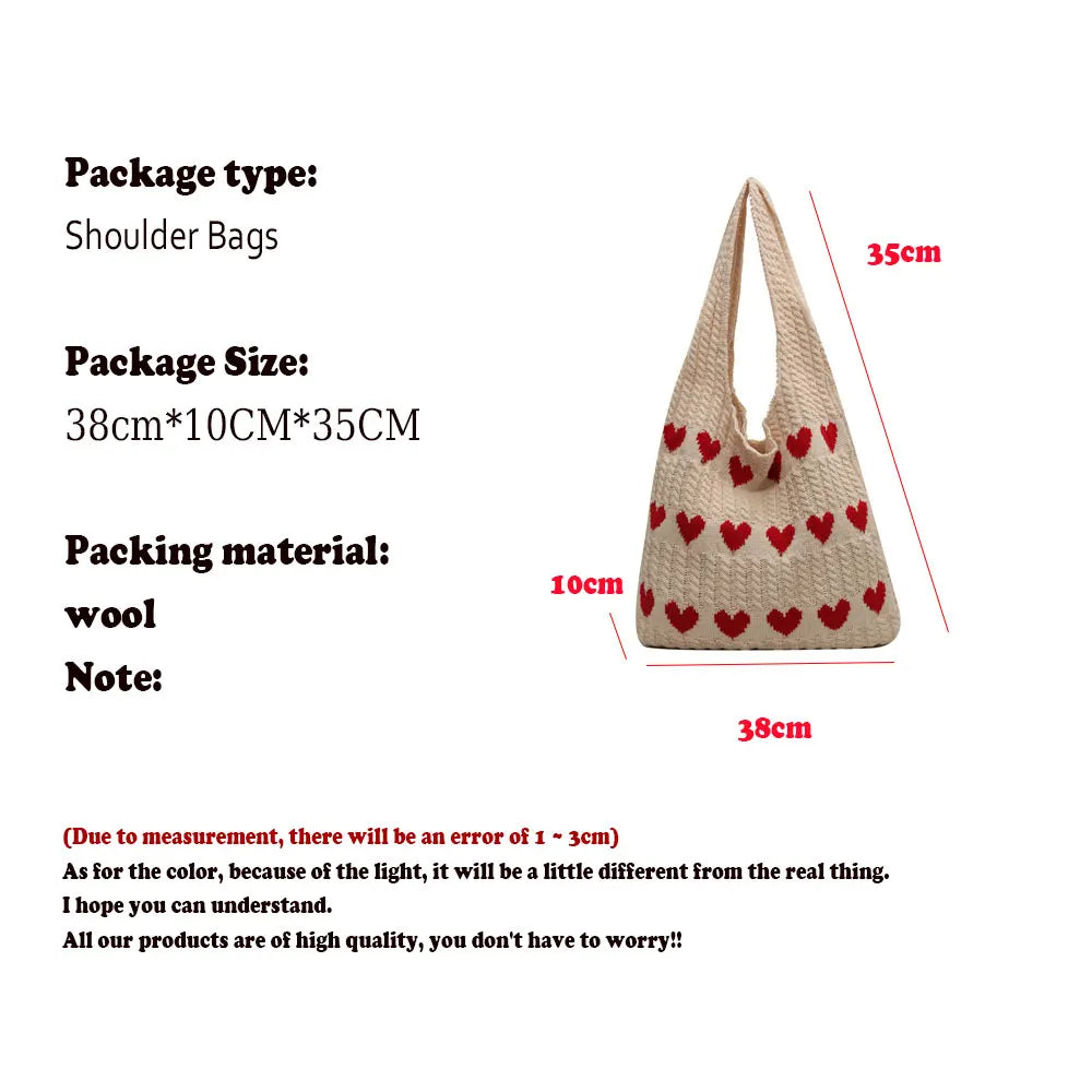 Knitted Handbags Heart Pattern Blocking Crochet Shoulder Bags Large Capacity Fashion Beach Bag Versatile Commute Woven Bag 2024