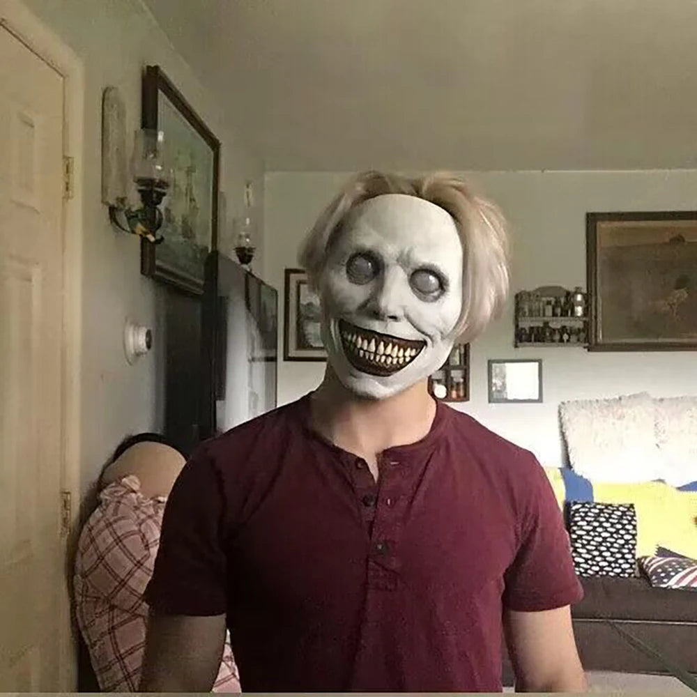 Scary Halloween Mask Horror Exorcist White Face Eyes Mask Realistic Ghost Smiling Demon Zombie Cosplay Costume Mask Party Props