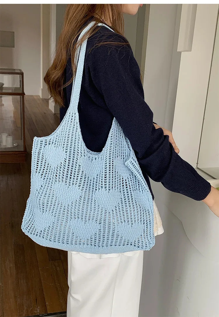 Retro Knitted Mesh Hollow Heart Weaving Ladies Versatile Single Shoulder Bag Woolen Handbag Shopping Bag Polyester Tote Bag