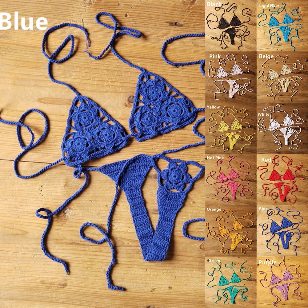 Women Sexy Handmade Bikini Sets Crochet Flower Solid Color Lace Thong String Swimwear Sunbathing Swimsuit Beach Wear Lace-up