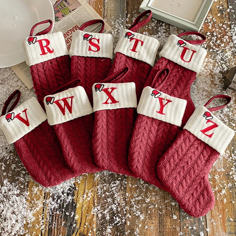 Christmas Stockings Knitting English Letters Christmas Socks Shaped Gifts Ornament New Year Santa Claus Gift Atmosphere Decor