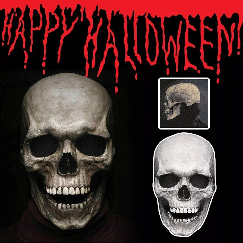 Creepy Halloween Full Head Skull Mask with Movable Jaw Adult Entire Head Realistic Latex Helmet Scary Skeleton