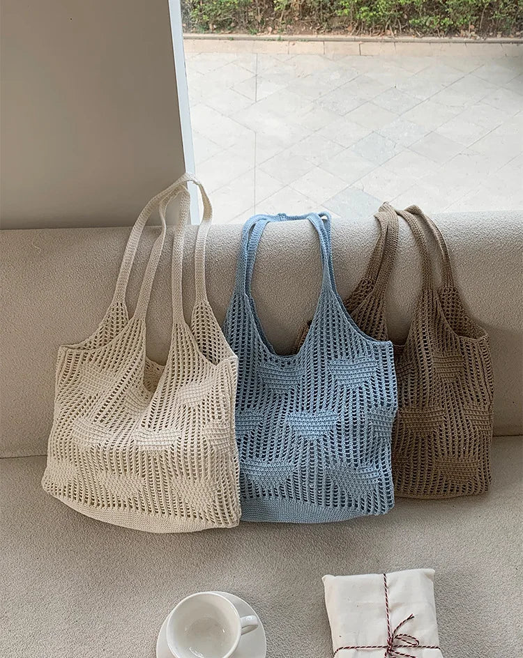 Retro Knitted Mesh Hollow Heart Weaving Ladies Versatile Single Shoulder Bag Woolen Handbag Shopping Bag Polyester Tote Bag