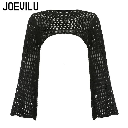 Summer Crochet Knit Hollow Out Crop Top Women Y2k Sexy Blouse Shirts Long Flared Sleeve Sweater Cover Ups Streetwear Pullovers