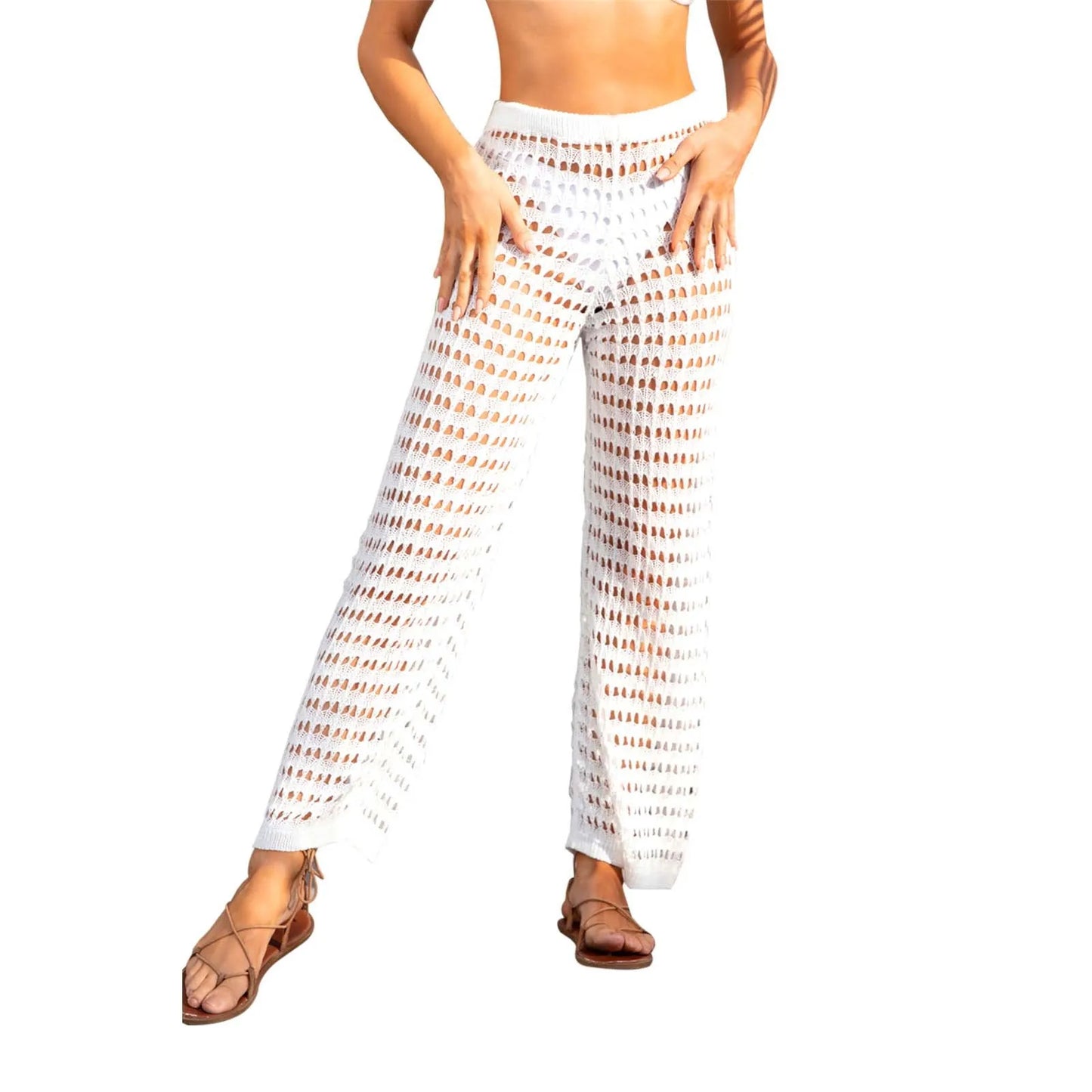 Ladies Hollowed Out Beach Pants Knitted Bikini High-Waist Casual Trousers Summer Lightweight Slacks For Woman Ropa Mujer