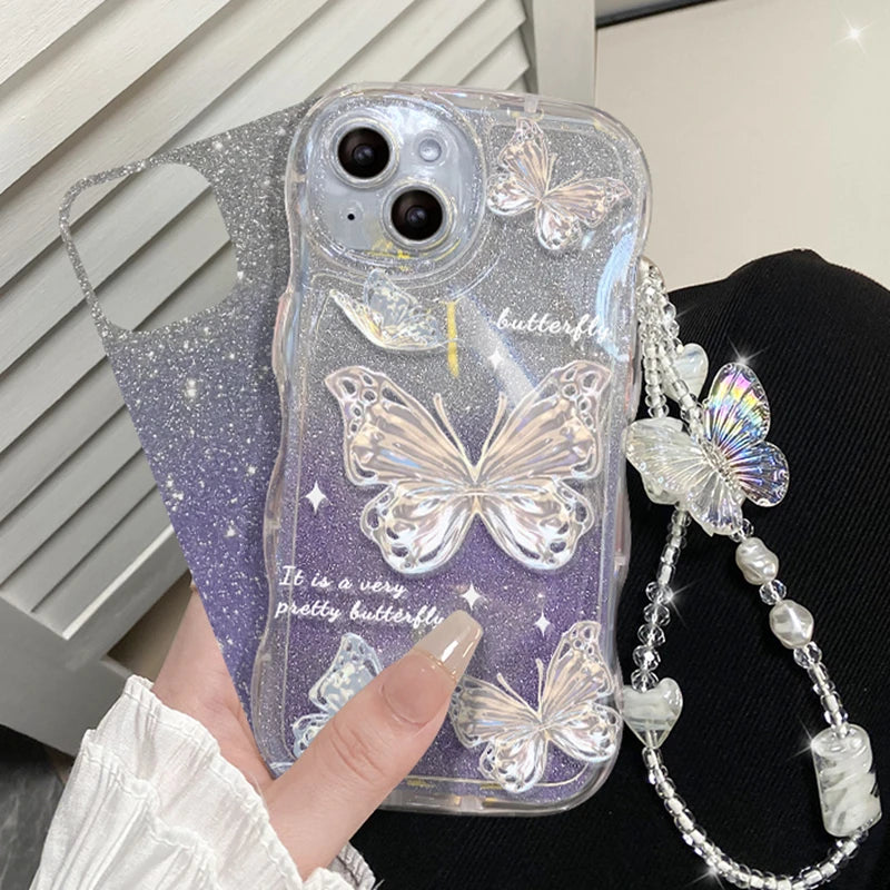 Glitter Butterfly Gradient Lanyard Case For iPhone 14 13 15 16 Pro Max 12 11 X Xr Xs 8 7 Plus Hand Wrist Chain Soft Wave Cover