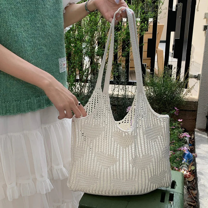 Retro Knitted Mesh Hollow Heart Weaving Ladies Versatile Single Shoulder Bag Woolen Handbag Shopping Bag Polyester Tote Bag