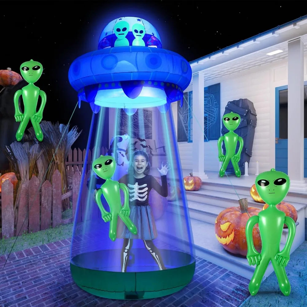 9 FT Halloween UFO Cow Alien Inflatable Yard Decor with LED Blow Up Inflatable Alien and Cow for Halloween Outdoor Yard Garden