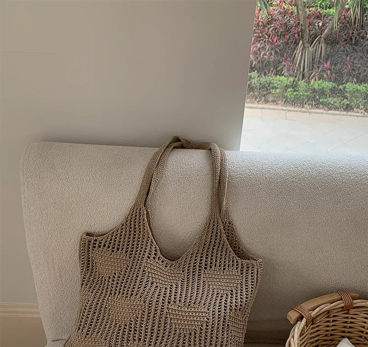 Retro Knitted Mesh Hollow Heart Weaving Ladies Versatile Single Shoulder Bag Woolen Handbag Shopping Bag Polyester Tote Bag