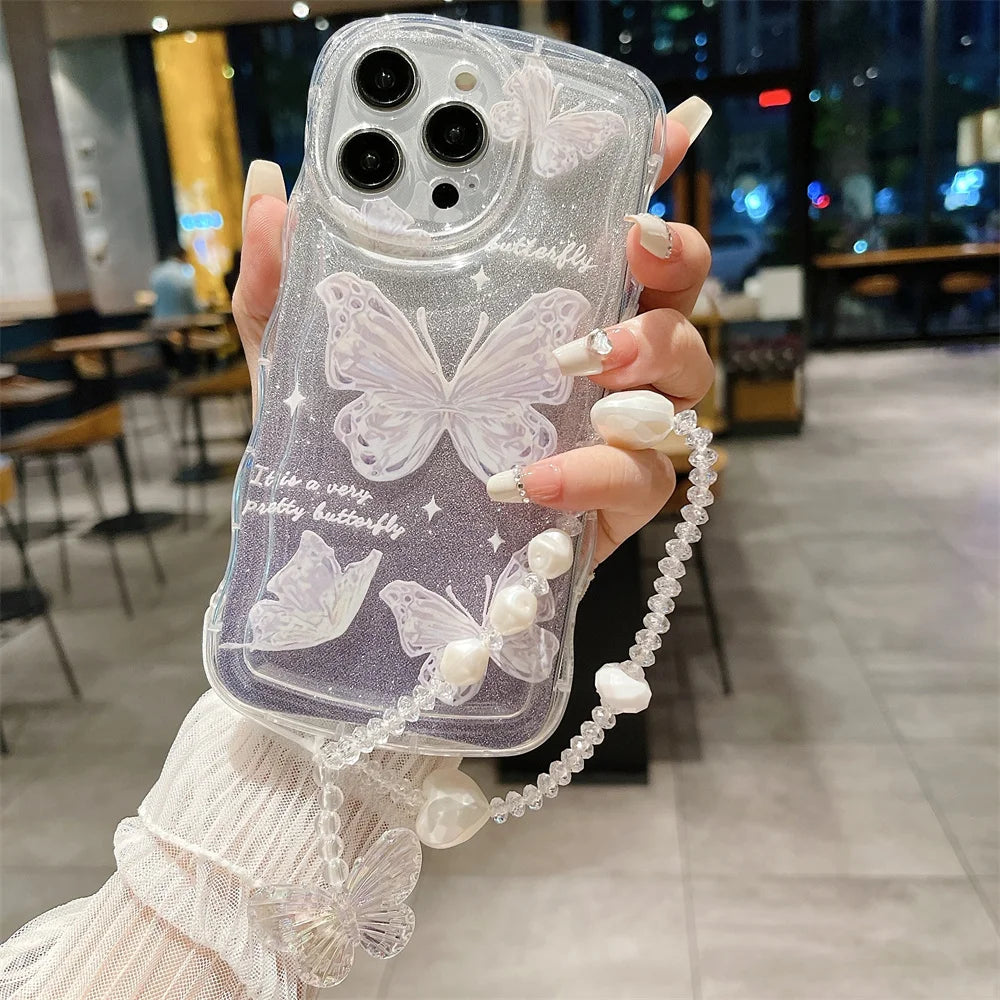 Glitter Butterfly Gradient Lanyard Case For iPhone 14 13 15 16 Pro Max 12 11 X Xr Xs 8 7 Plus Hand Wrist Chain Soft Wave Cover