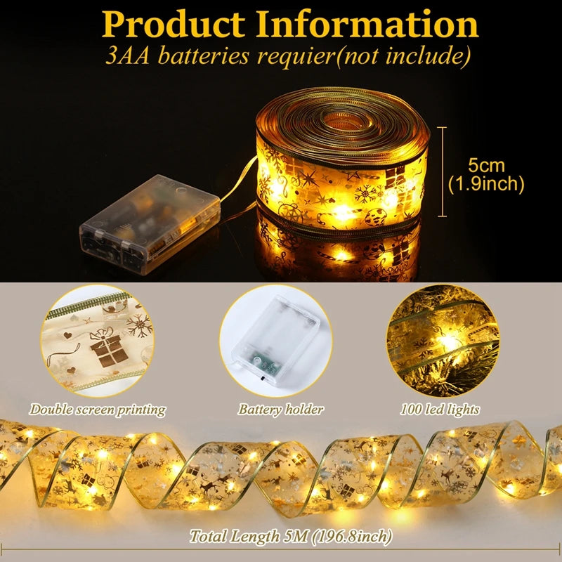 Christmas Ribbon Fairy Light String Merry Christmas Decorations For Home 2024 Xmas Tree Ornament Xmas Navidad Gift New Year 2025