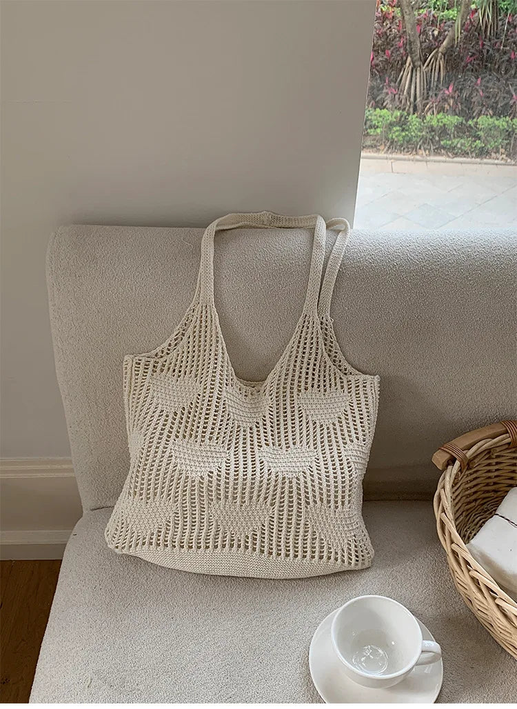 Retro Knitted Mesh Hollow Heart Weaving Ladies Versatile Single Shoulder Bag Woolen Handbag Shopping Bag Polyester Tote Bag