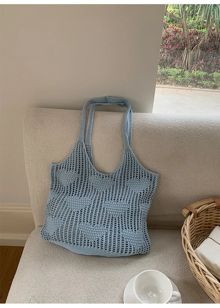 Retro Knitted Mesh Hollow Heart Weaving Ladies Versatile Single Shoulder Bag Woolen Handbag Shopping Bag Polyester Tote Bag