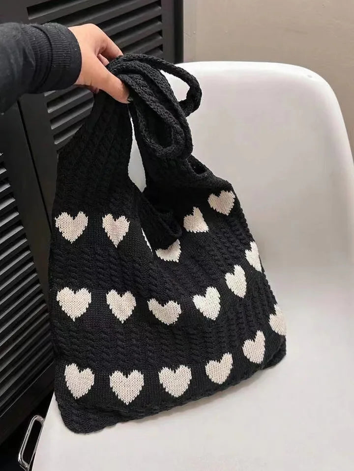 Knitted Handbags Heart Pattern Blocking Crochet Shoulder Bags Large Capacity Fashion Beach Bag Versatile Commute Woven Bag 2024