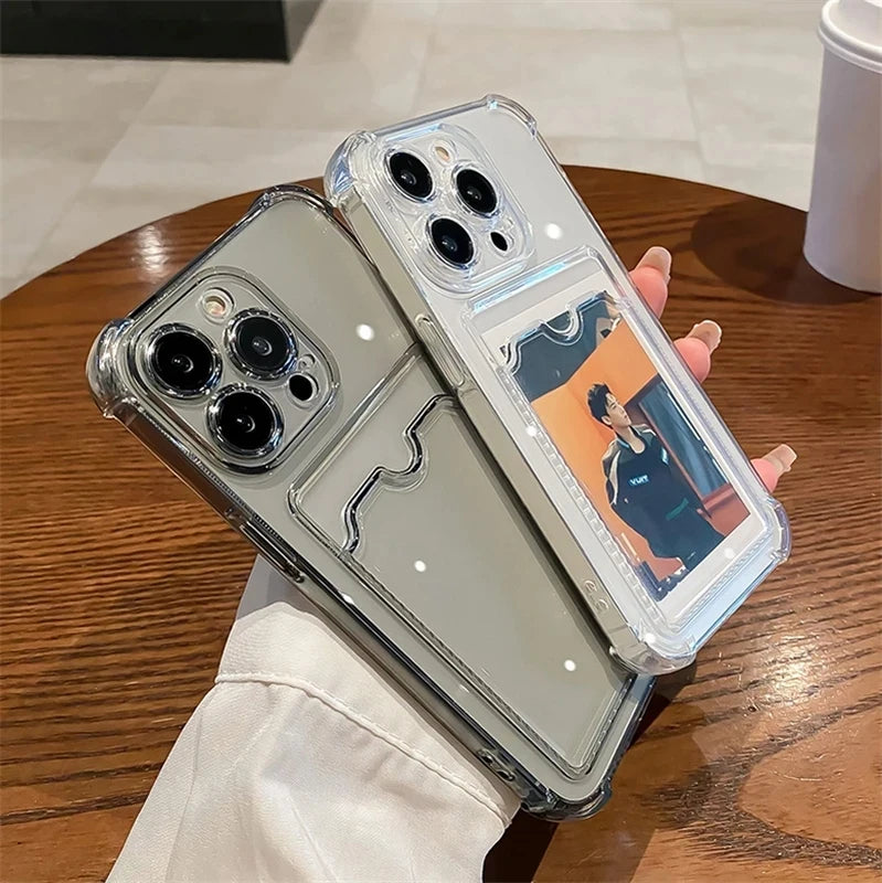 Transparent Card Slot Bag Holder Phone Case For iPhone 15 14 13 12 11 Pro Max X XS Clear Wallet Silicone Shockproof Back Cover