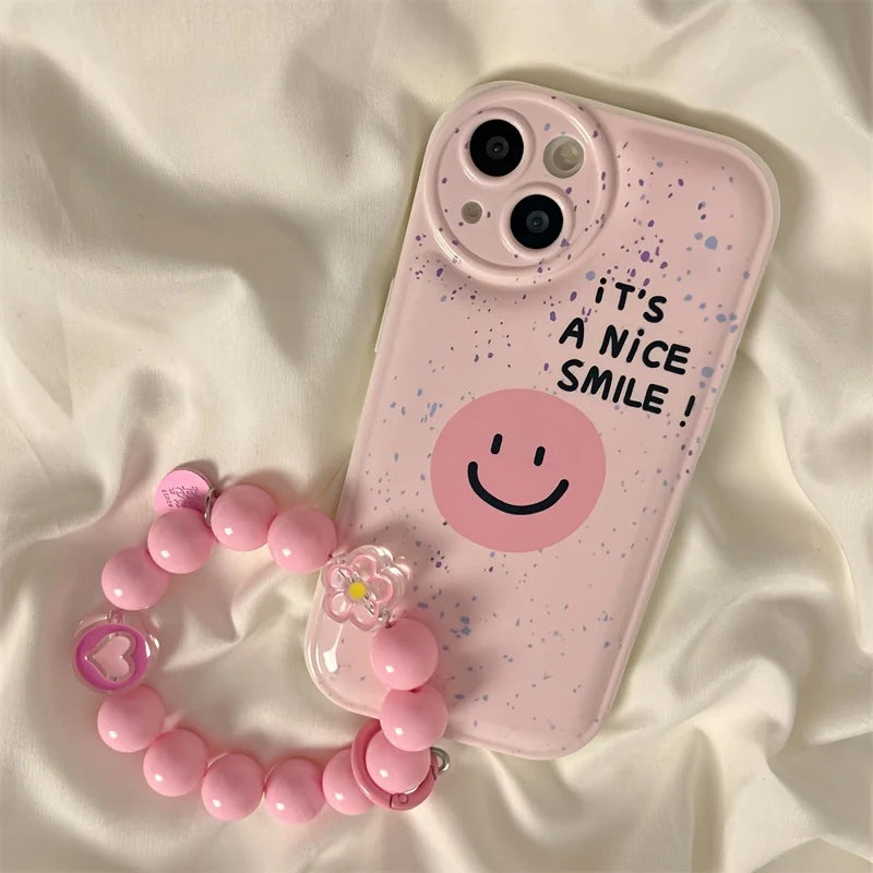 Pink Spotted Smiley Face Phone Case For iPhone 14 Plus 7 8 X XS XR 11 12 13 Pro Max Silicone Cases Cover With chain