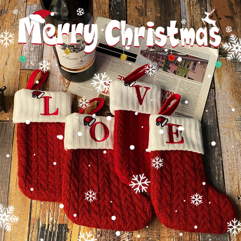 Christmas Stockings Knitting English Letters Christmas Socks Shaped Gifts Ornament New Year Santa Claus Gift Atmosphere Decor