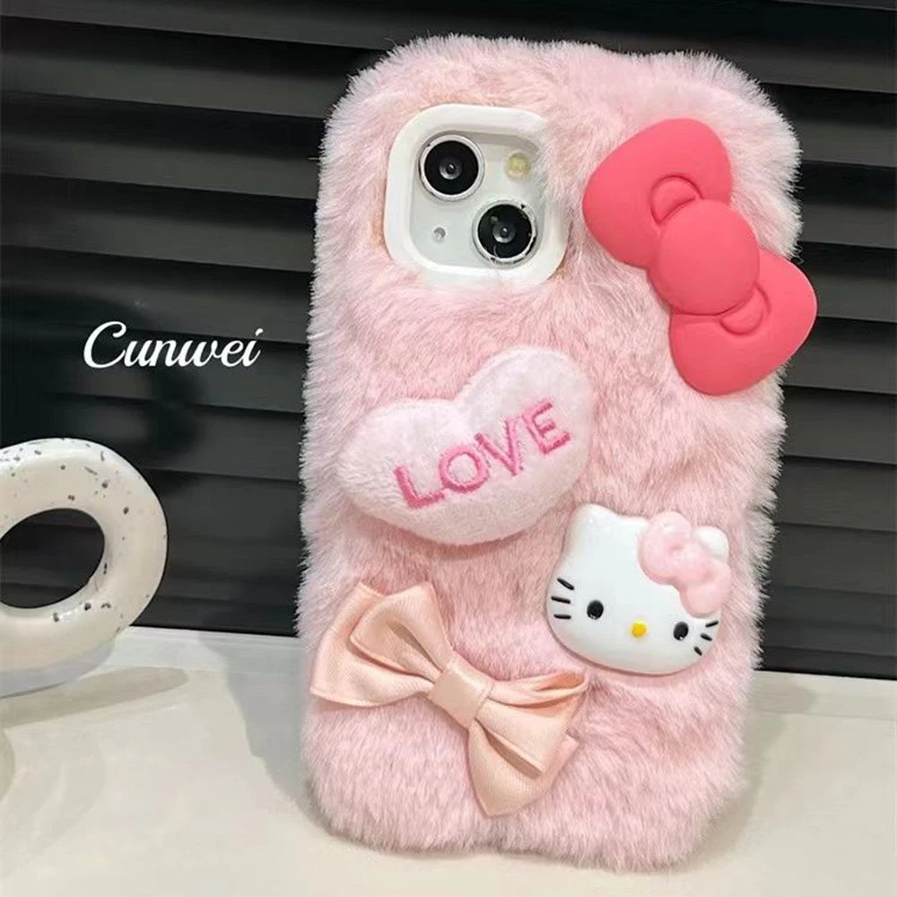 Sanrio Cute Love 3D Bow Hello Kitty Plush Phone Case For iPhone 15 14 13 12 11 Pro Max Mini XR XS MAX 8 X XS 7 SE Plus Cover