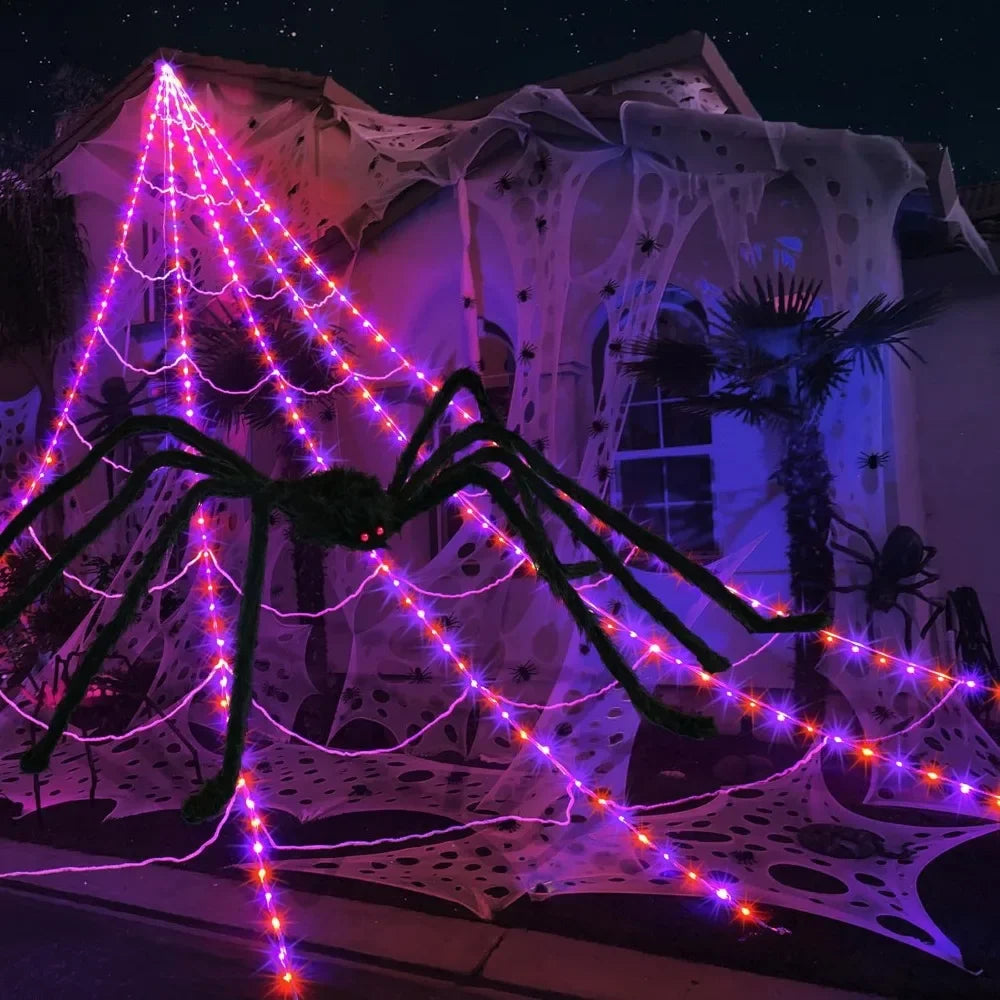 Spider Webs Halloween Decorations Outdoor 290 LED Halloween Spiders Web Lights Decoration with 78.7" Large Spider