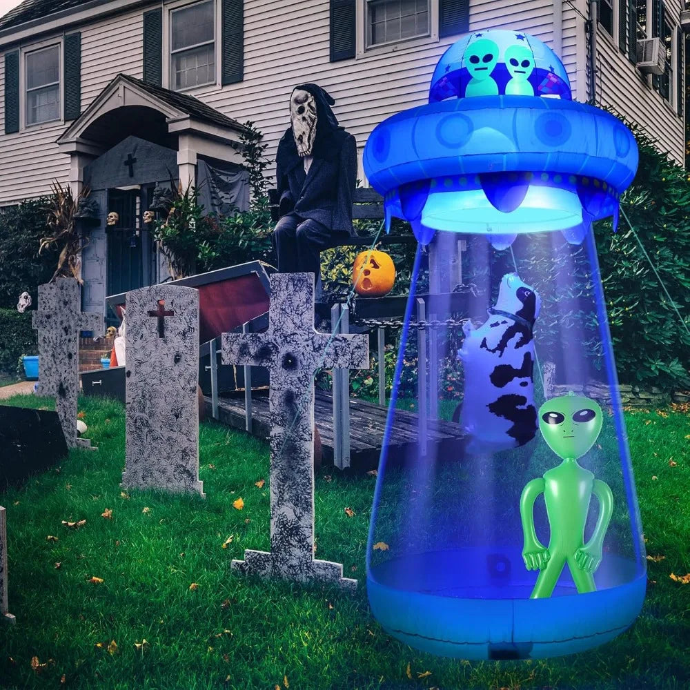 9 FT Halloween UFO Cow Alien Inflatable Yard Decor with LED Blow Up Inflatable Alien and Cow for Halloween Outdoor Yard Garden