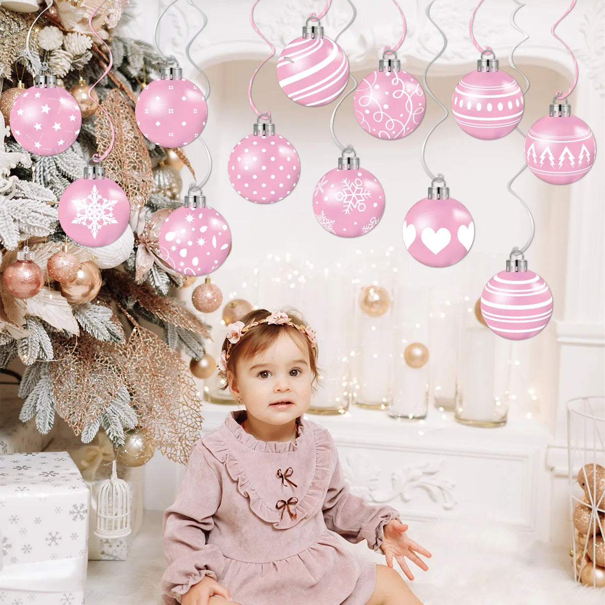 12pcs Pink Christmas Balls Hanging Swirls Decoration Xmas Party Decor Ornaments Holiday Supplies Christmas Tree Hanging Pendant