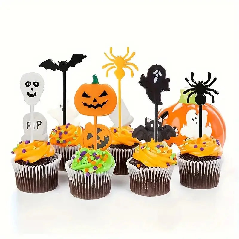 Mix Set Plastic Halloween Toothpicks Pumpkin Ghost Bat Fruit Fork Dessert Cocktail Cake Decoration Picks Halloween Party Supply