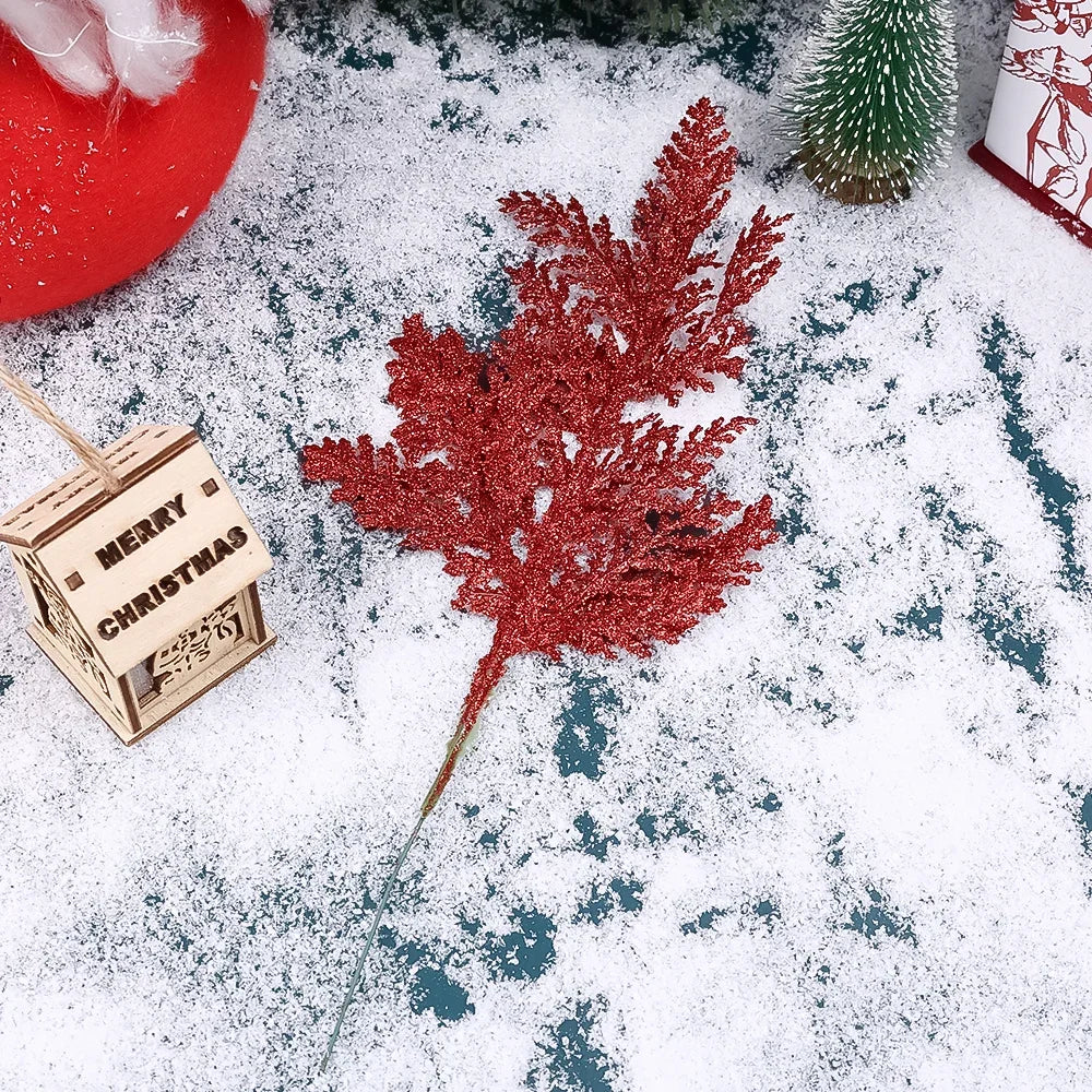 10/5Pcs Artificial Plants Pine Branches Christmas Glitter Gold Leaves Xmas Tree Decoration Pendant Christmas Home Decoration