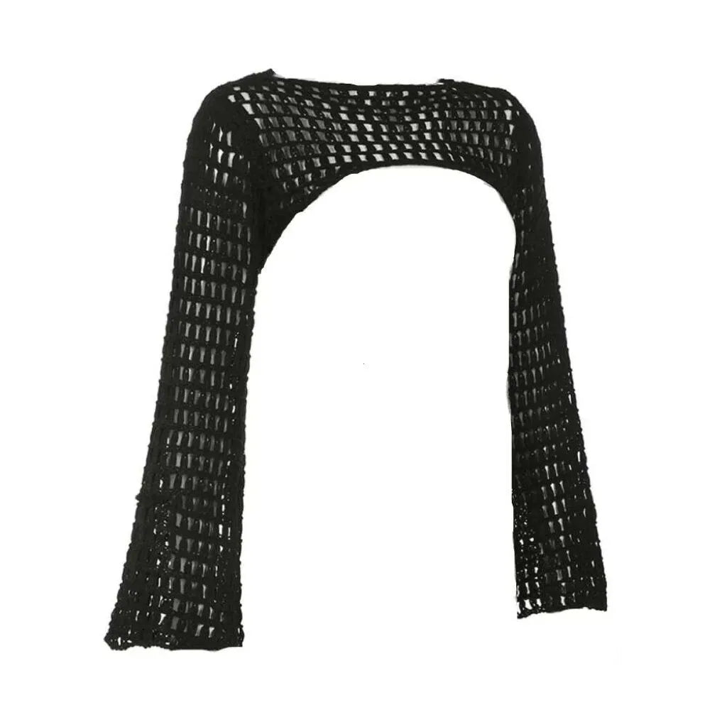 Summer Crochet Knit Hollow Out Crop Top Women Y2k Sexy Blouse Shirts Long Flared Sleeve Sweater Cover Ups Streetwear Pullovers